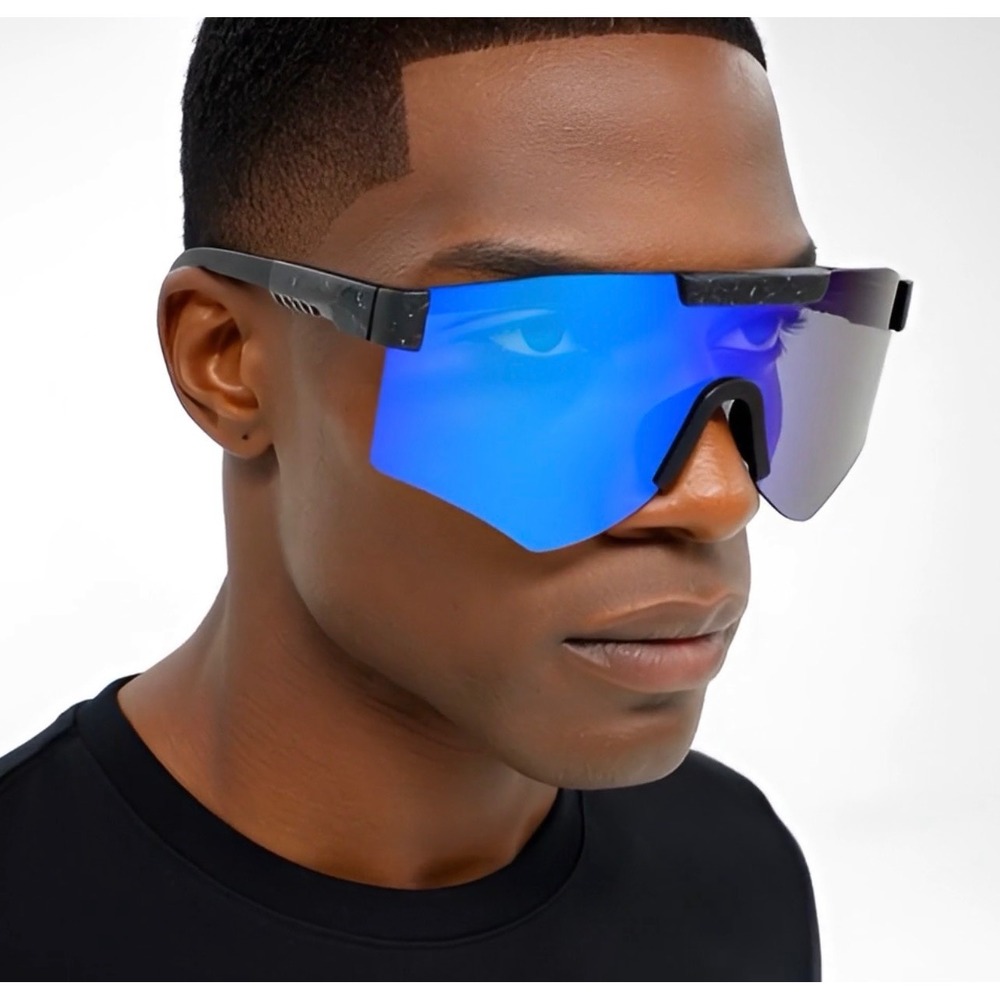 Shield Sunglasses Blue Mirrored Lens Sport Rimless Oversized Beach Fishing Gafas